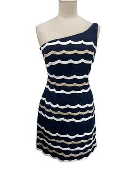 Lilly Pulitzer Tylar One Shoulder Dress True Navy Scallopy Stripey Size 0